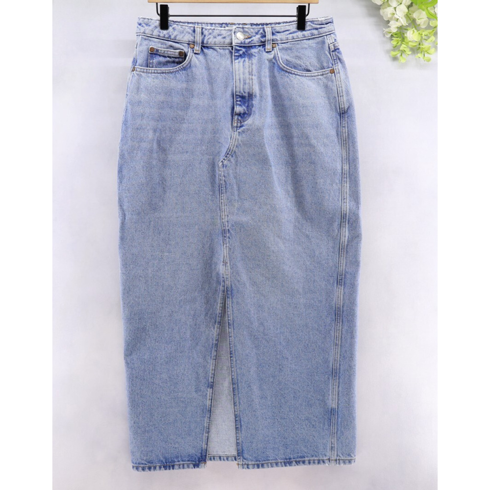 MNG Women's Denim Maxi Skirt Large High Rise Western Distressed Wash Blue